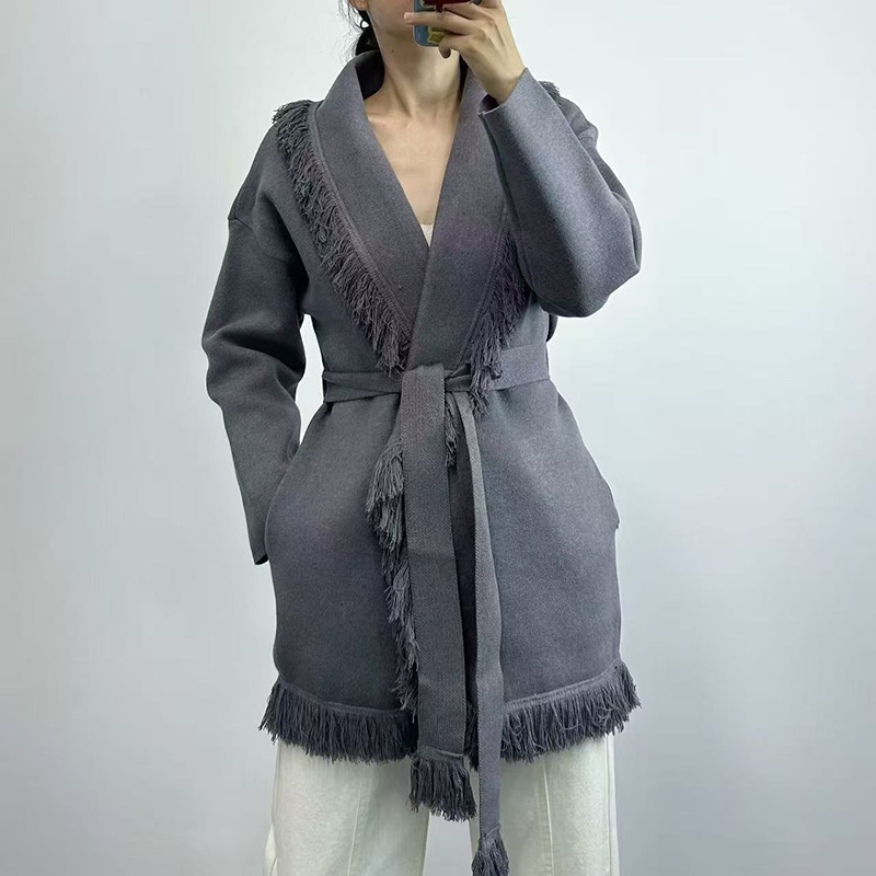 Wool Coat Peacoat - Bayanlar saçaklı uzun yün örgü hırka,